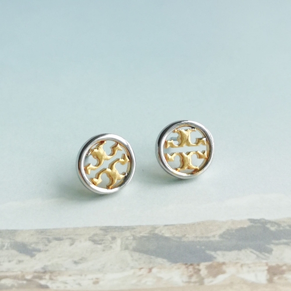 Tory Burch Miller Stud Earrings Gold Silver Mixed - Picture 3 of 4